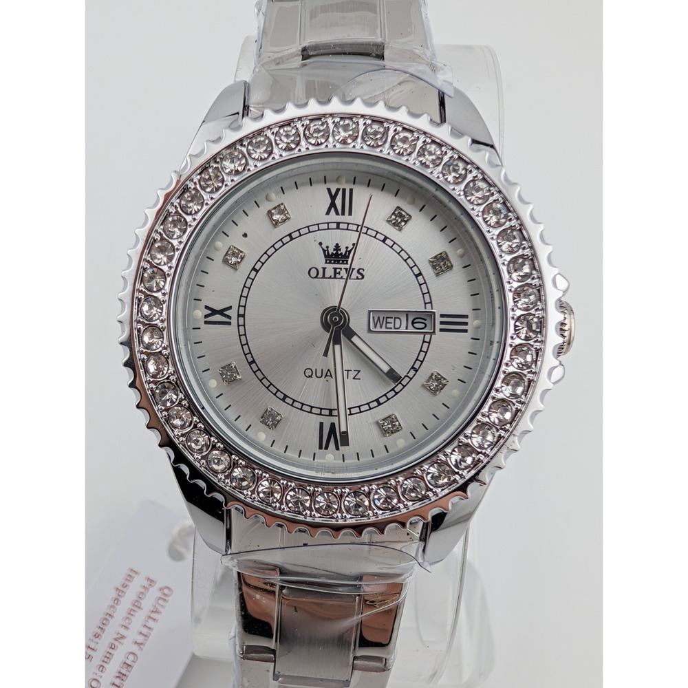 OLEVS Watch Women 34mm Case Crystal Bezel Silver 7.5" Band- New Battery